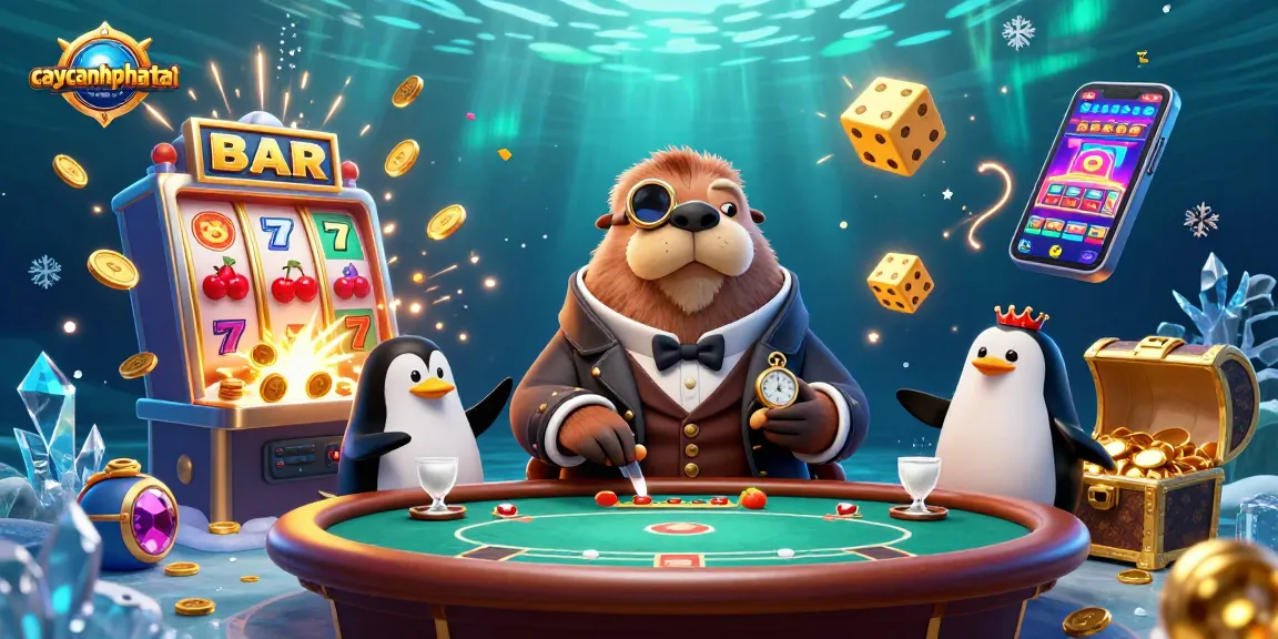 Play the vibrant caycanhphattai game with a jolly walrus, penguin dealer, and pufferfish at a lively underwater poker scene.