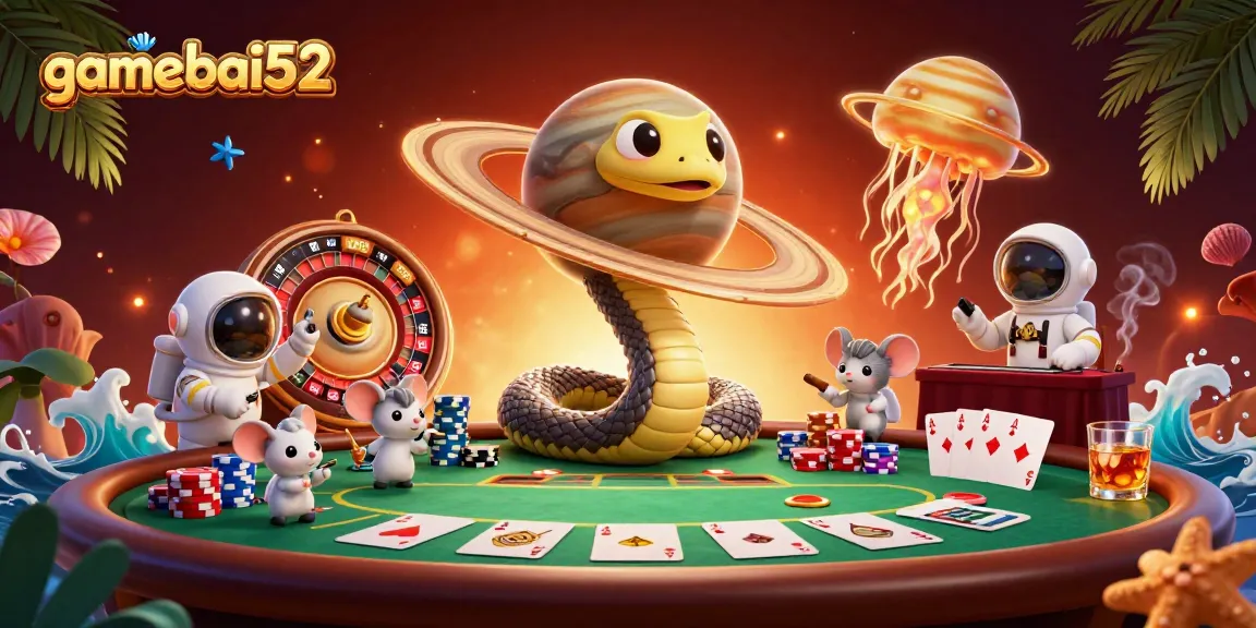 Engage with gamebai52's exciting cosmic casino with cartoon characters and vibrant casino elements.