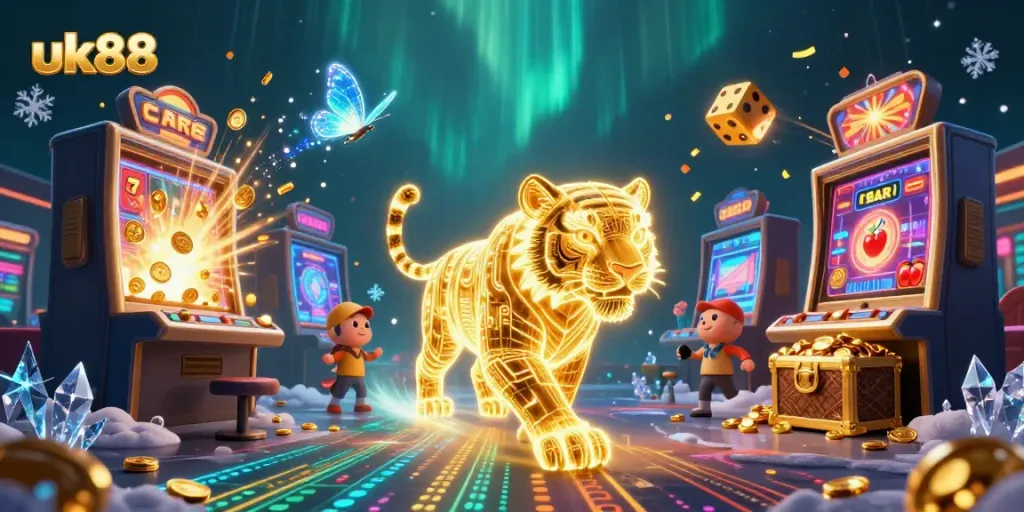 Experience vibrant gaming thrills at uk88 with a neon digital casino scene, featuring a golden tiger, slot machine, and casino elements.