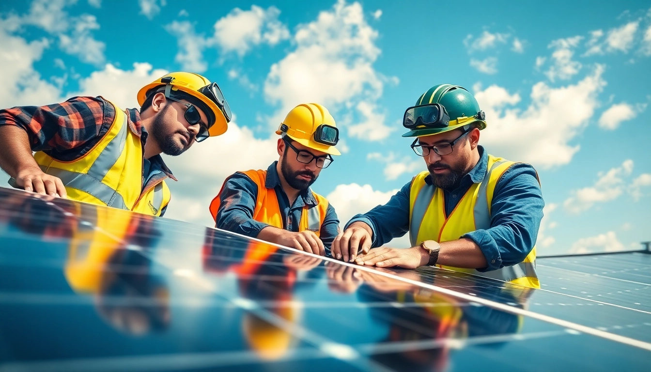 Technicians performing solar panel repair on a rooftop under blue sky.