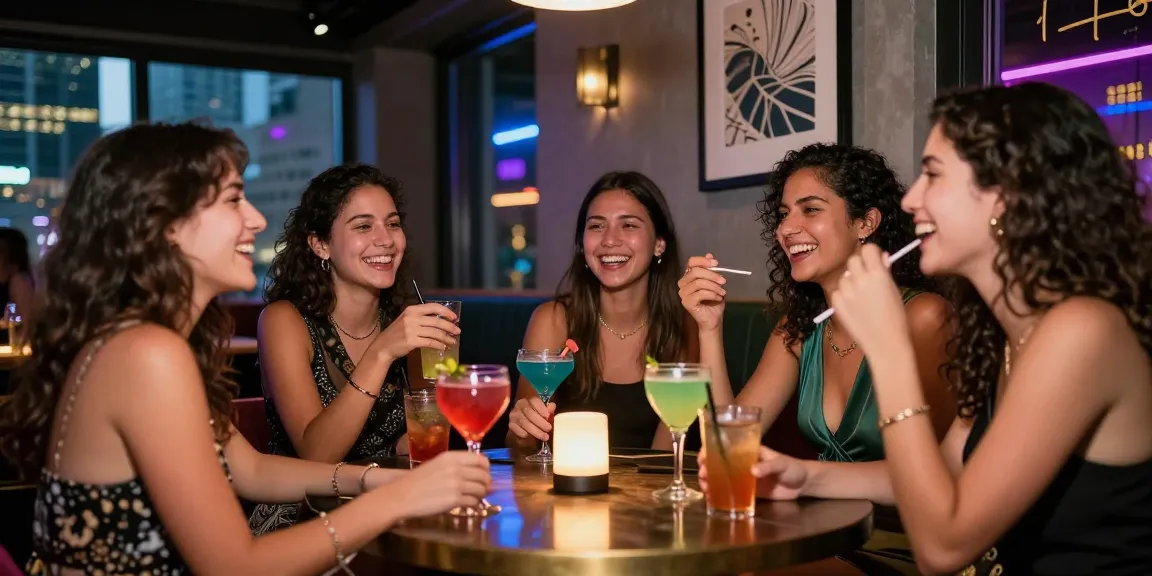 Nhóm gái gọi thưởng thức cocktail trong bầu không khí rực rỡ tại quán bar sang trọng.