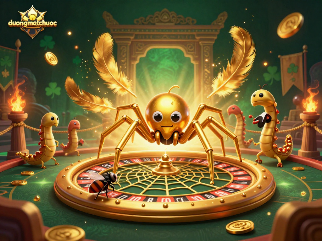 Place bets in duongmatchuoc's vibrant roulette web, featuring a golden spider and centipede croupier.