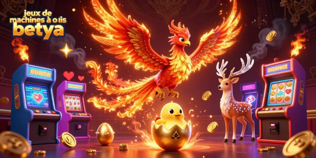 Engage in thrilling jeux de machines à sous betya with vibrant 3D phoenix illustrations and casino elements.