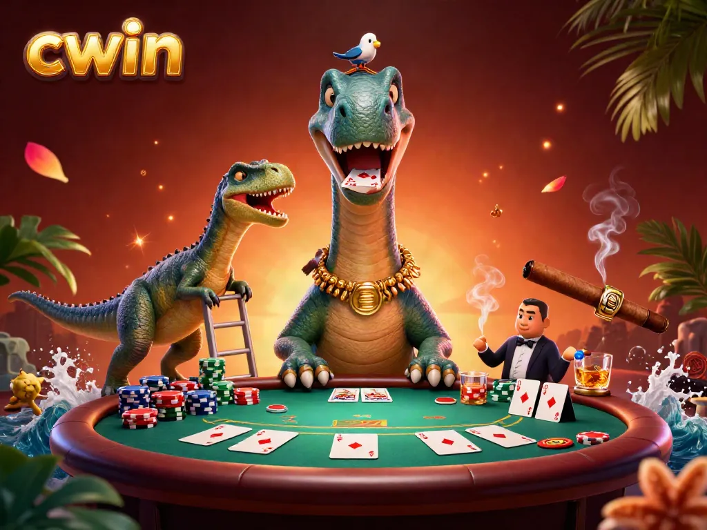 Experience the vibrant world of CWIN with a towering brontosaurus at a lively poker table surrounded by colorful casino elements.