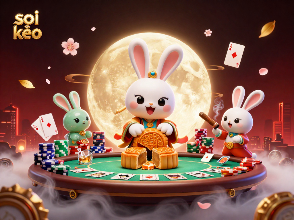 Experience the thrill of soi kèo as the moon rabbit reveals poker chips amidst a dynamic gambling scene.