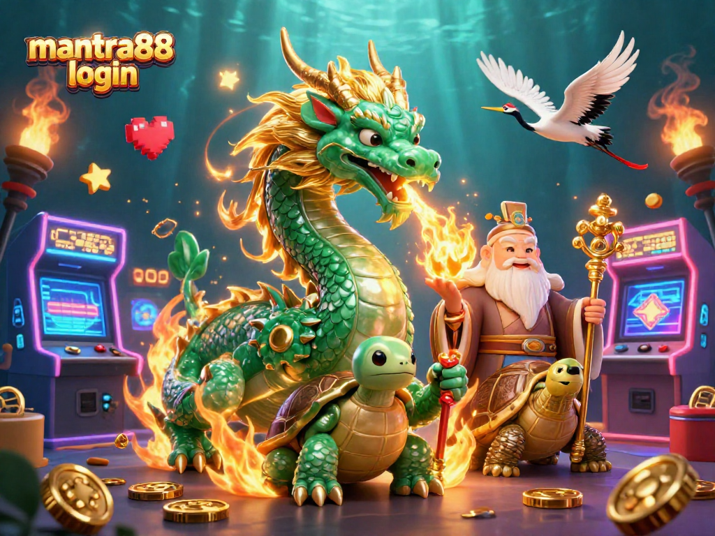 Experience thrilling fun with mantra88 login, featuring an emerald jade dragon, colorful arcade elements, and unique game aesthetics.