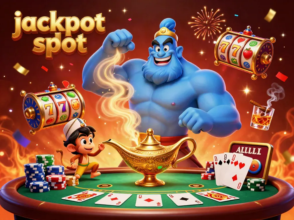 Experience the thrill of jackpot slot games with a vibrant 3D illustration showcasing a genie, magic carpet, and poker chips.