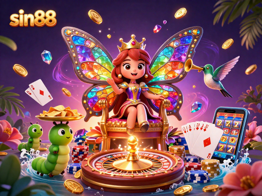 Engage with sin88’s vibrant online casino scene featuring a butterfly queen and glittering gaming elements.
