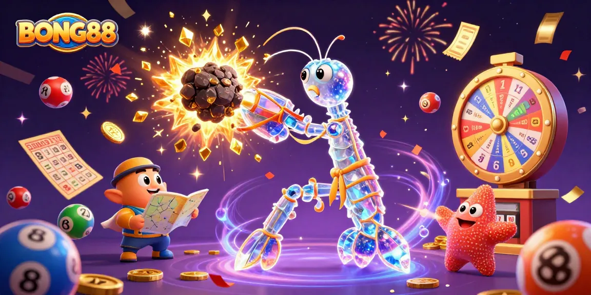 BONG88 mastery illustrated with a galactic samurai mantis shrimp, golden gems, and lottery excitement.