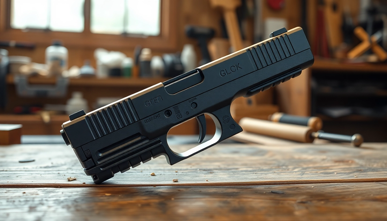 Showcasing the glock 19 slide oem in detail on a workshop bench, emphasizing its quality features.