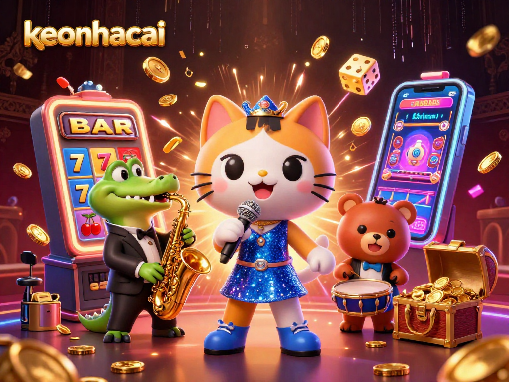 Engage with keonhacai in a lively casino scene featuring a jazz-singer cat and magical slot machines.