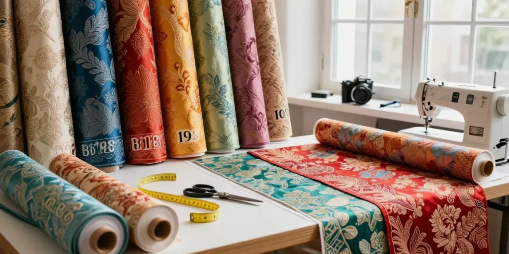 Vibrant brocade fabrics displayed in a tailor's studio, highlighting bro198.