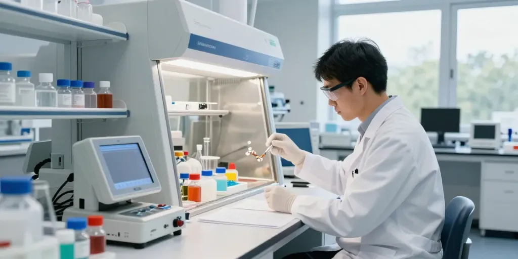 Scientist in lab analyzing SwissChem peptides samples with vials and instruments.