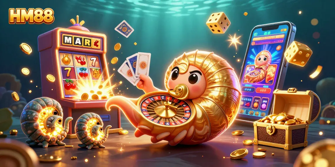 Experience winning at HM88 with a vibrant 3D casino scene featuring a nautilus roulette wheel and slot explosion.