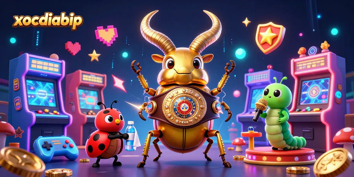 xocdiabip showcases a vibrant 3D casino scene with a boxing beetle and retro gaming elements.