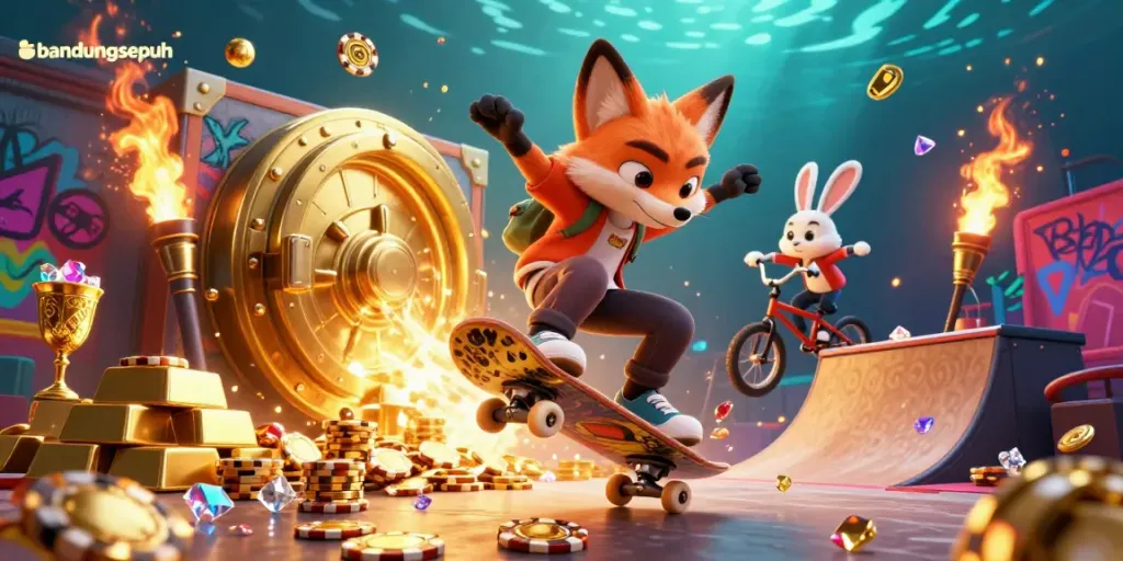 Experience bandungsepuh with dynamic gaming action featuring a skateboarder fox and BMX rabbit in a vibrant casino-themed scene.