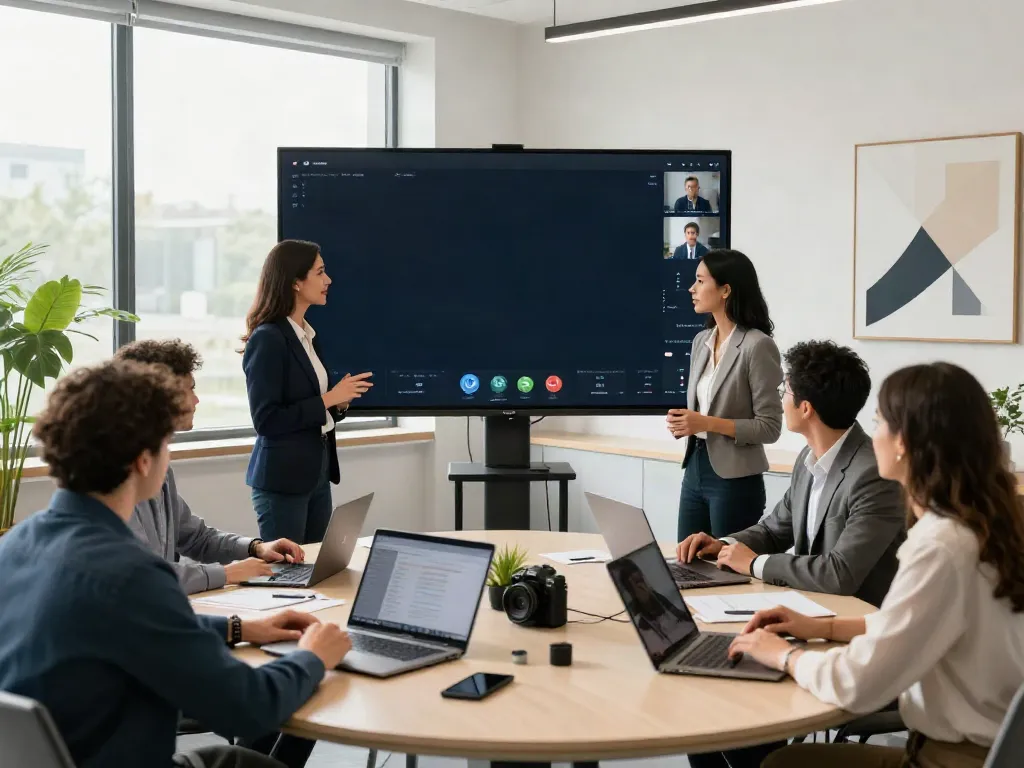 Professional video conferencing team focused on Deepfake protected Online Video Calls, Meetings and Conferencing in a modern office.