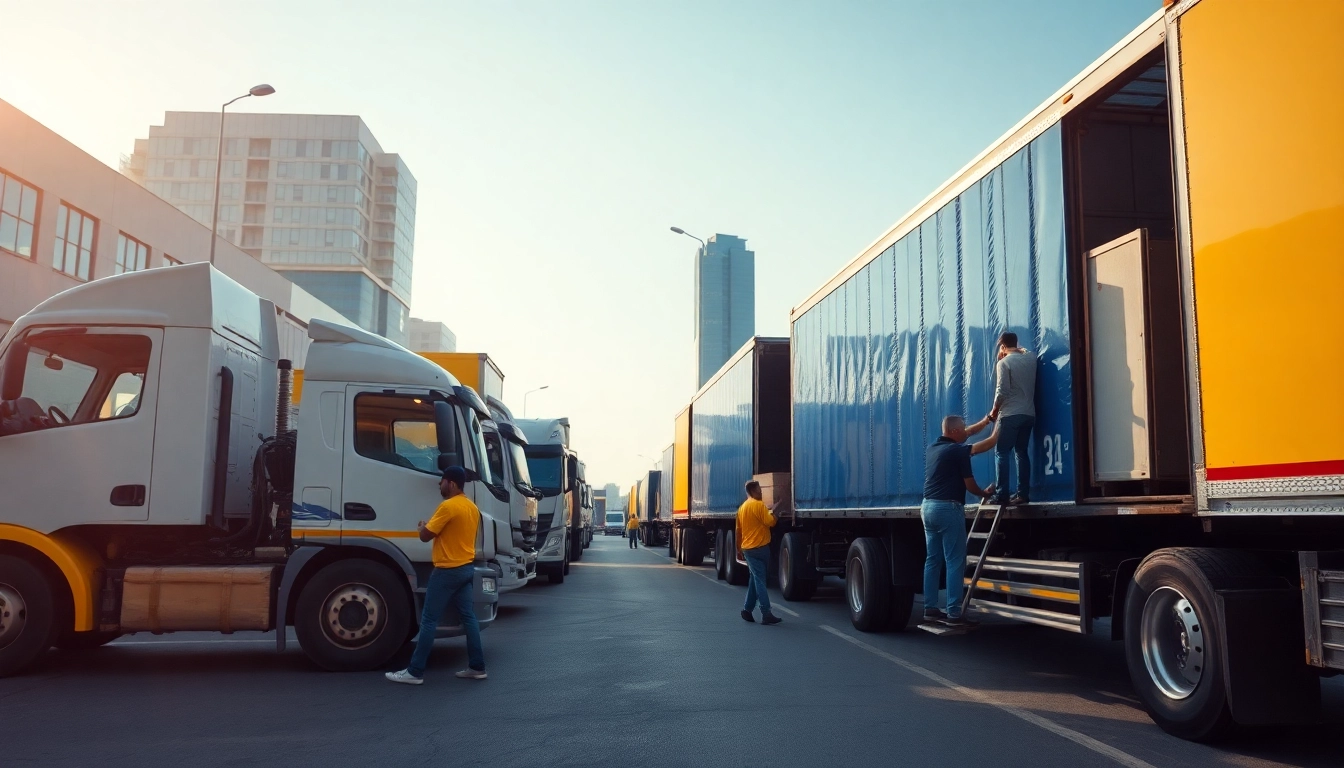 Hauling service transporting goods with trucks in an urban environment.