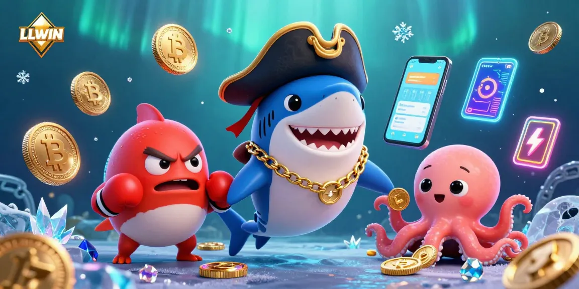 Engage in thrilling casino adventures with LLWIN, featuring dynamic 3D characters amidst dazzling crypto elements and underwater visuals.
