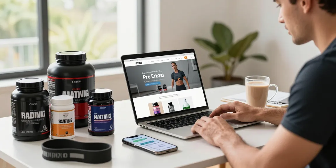 An engaged customer at Driada Shop examining anabolic steroids and supplements in a modern e-commerce setting.
