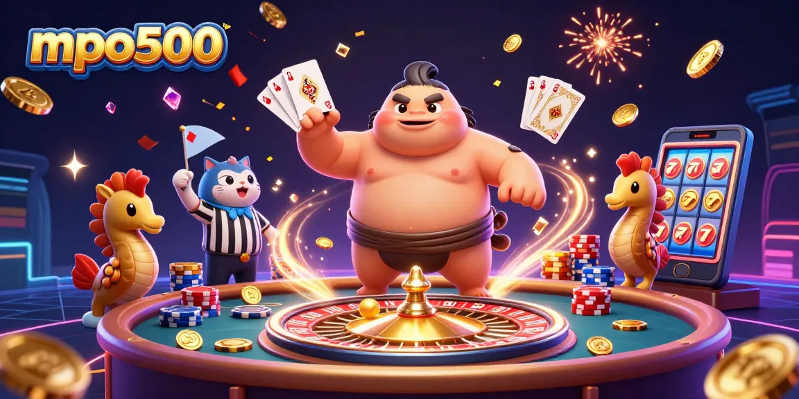 Experience the mpo500 excitement with a lively underwater casino scene featuring a fugu and catfish, celebrating winning moments.