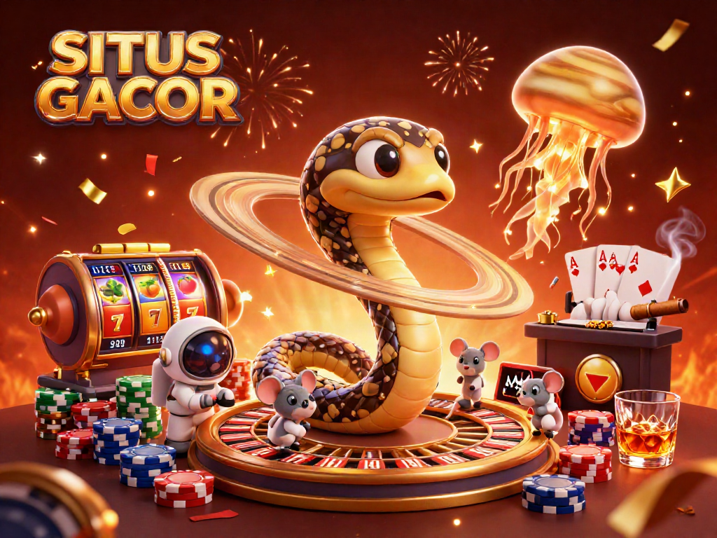 SITUS GACOR showcases astronaut mice betting as a cosmic dealer presides over lively slot reels.