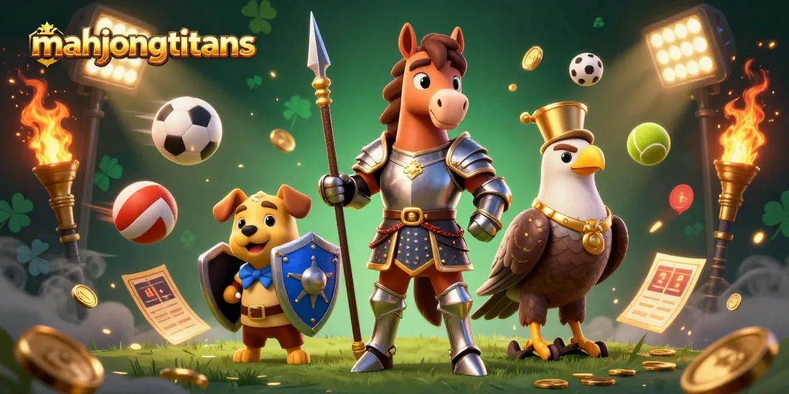 Experience mahjongtitans with an exciting illustration of knights, sports, and dynamic casino elements.