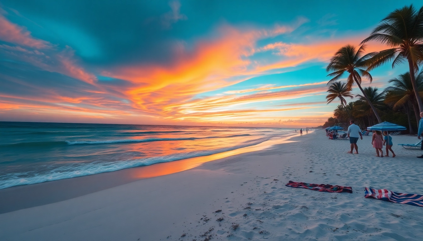 Enjoying the beach at sunset in Pensacola FL with palm trees and families relaxing.