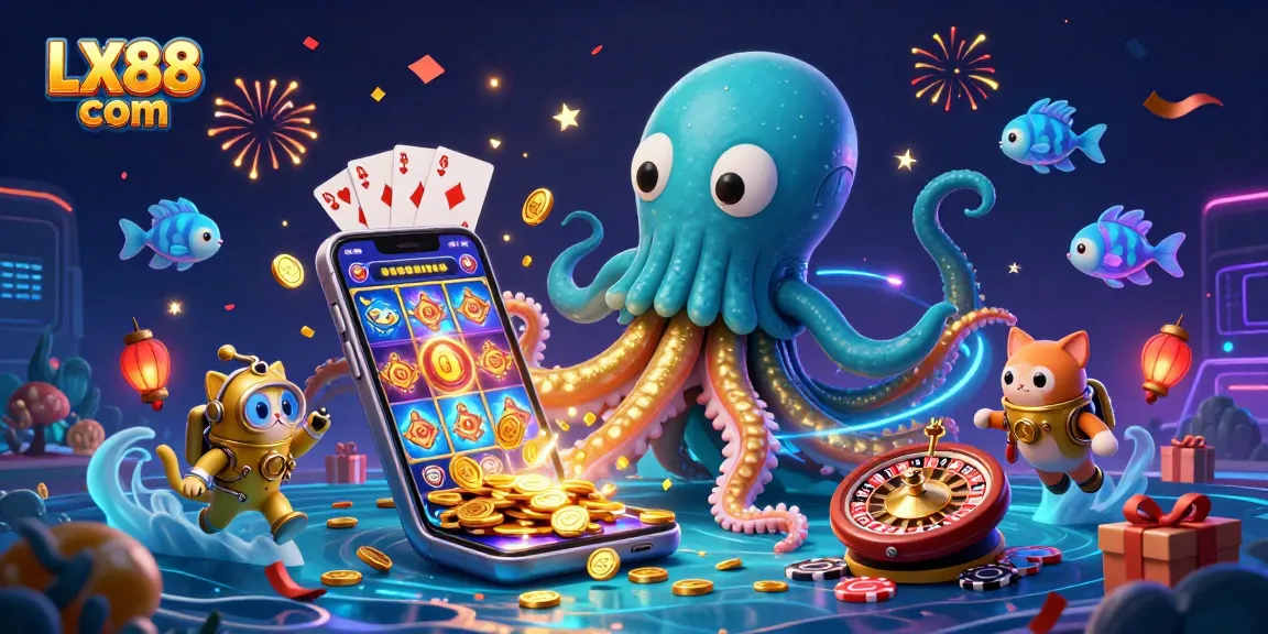 Experience the excitement of gaming with LX88 com's vibrant 3D illustration featuring a kraken and a diving cat.