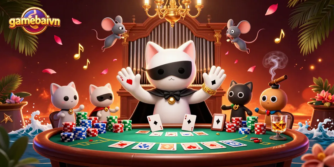 Engage with gamebaivn's thrilling poker showdown featuring a whimsical cat and mouse!