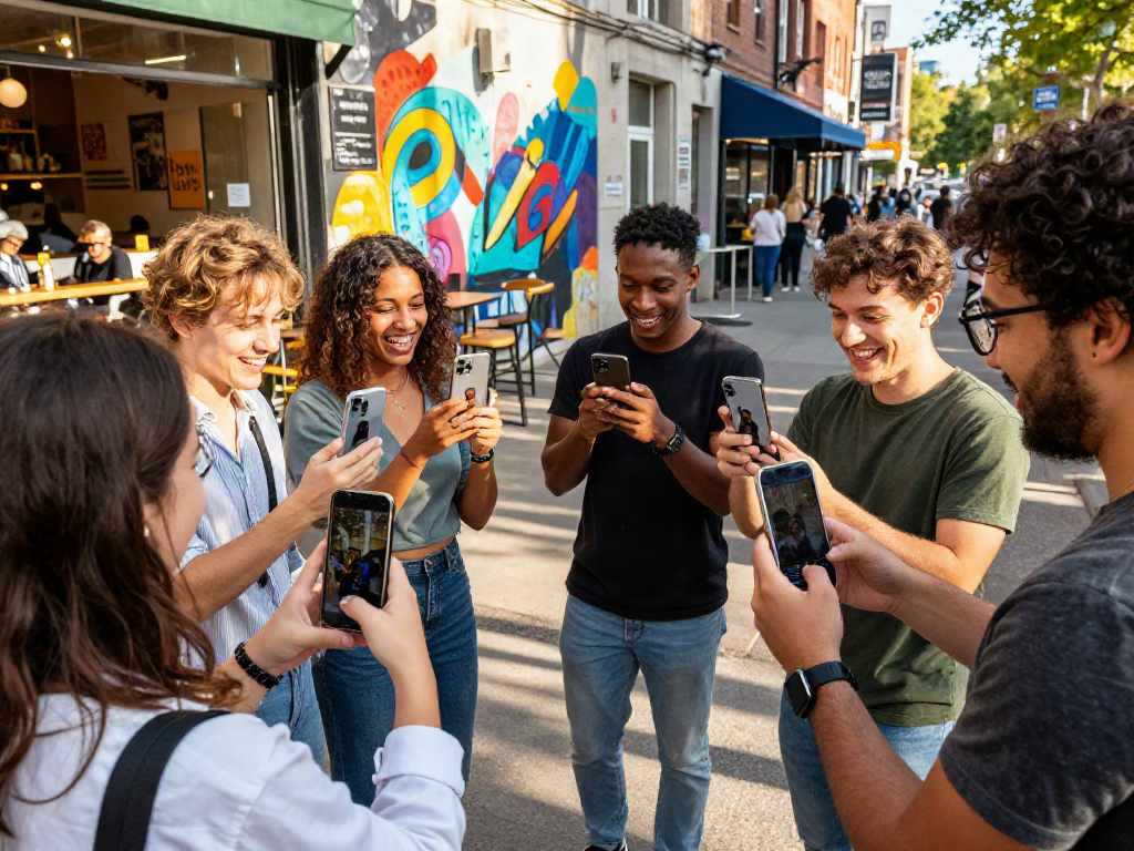 Friends excitedly discovering how old do I look using smartphones in a lively street setting.