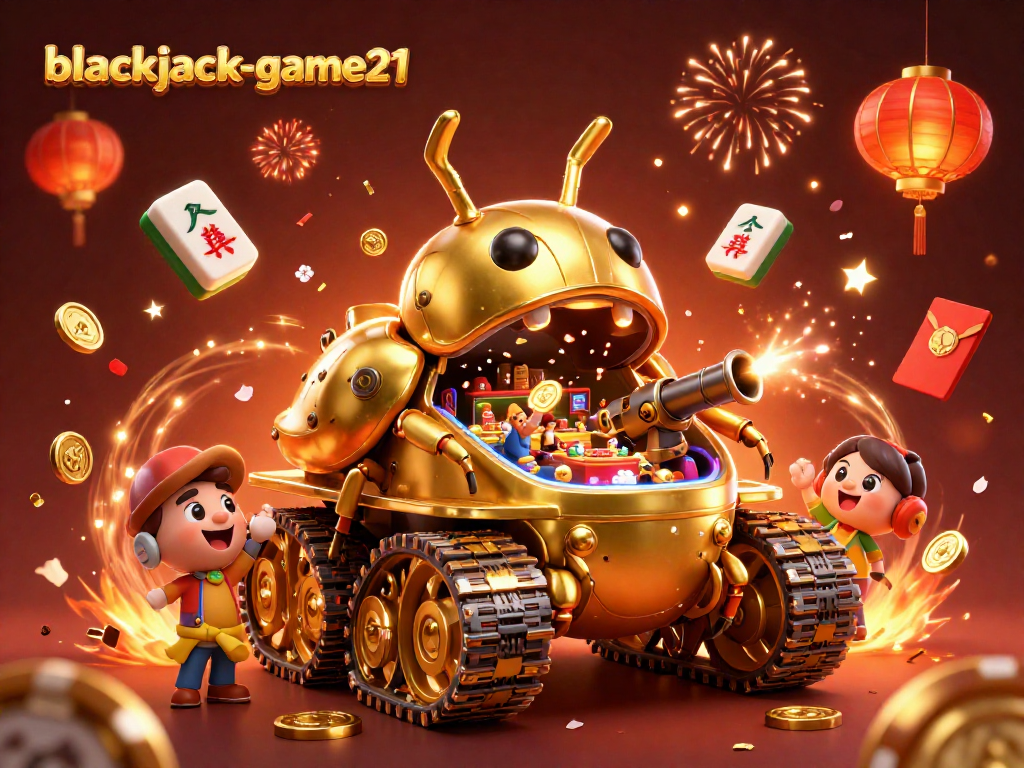 Engage with blackjack-game21 in an energetic casino scene featuring a golden beetle tank and dynamic game elements.