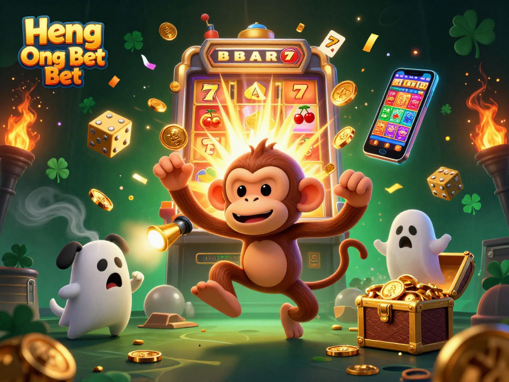 Experience the thrill of Heng Ong Bet with a mischievous poltergeist monkey and ghost-hunter puppy in a vibrant casino scene.