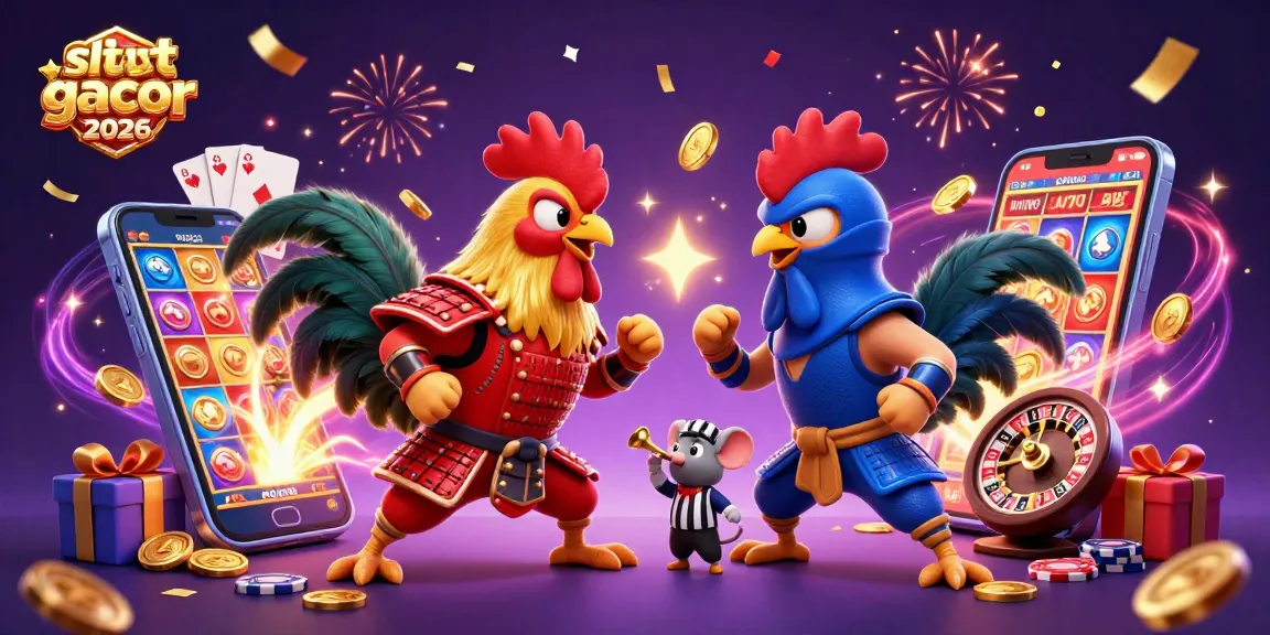 Menangkan hadiah dengan situs slot gacor 2026, dua ayam bertarung bertabur koin emas dan kartu.