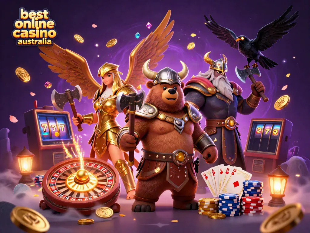 Experience top-tier gaming with the best online casino Australia, featuring dynamic characters among golden coins and casino elements.