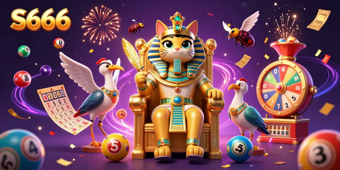 S666 promotes thrilling lottery excitement with a pharaoh cat, colorful balls, and vibrant prize elements.
