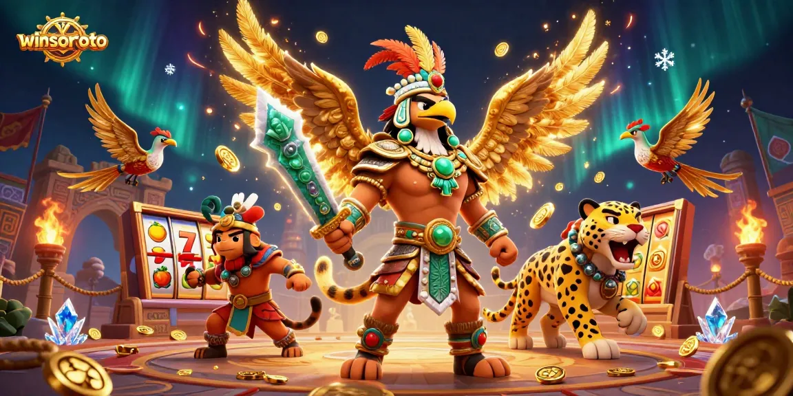 Memenangkan permainan slot winsortoto dengan petarung Aztec dan simbol bertuah di arena.