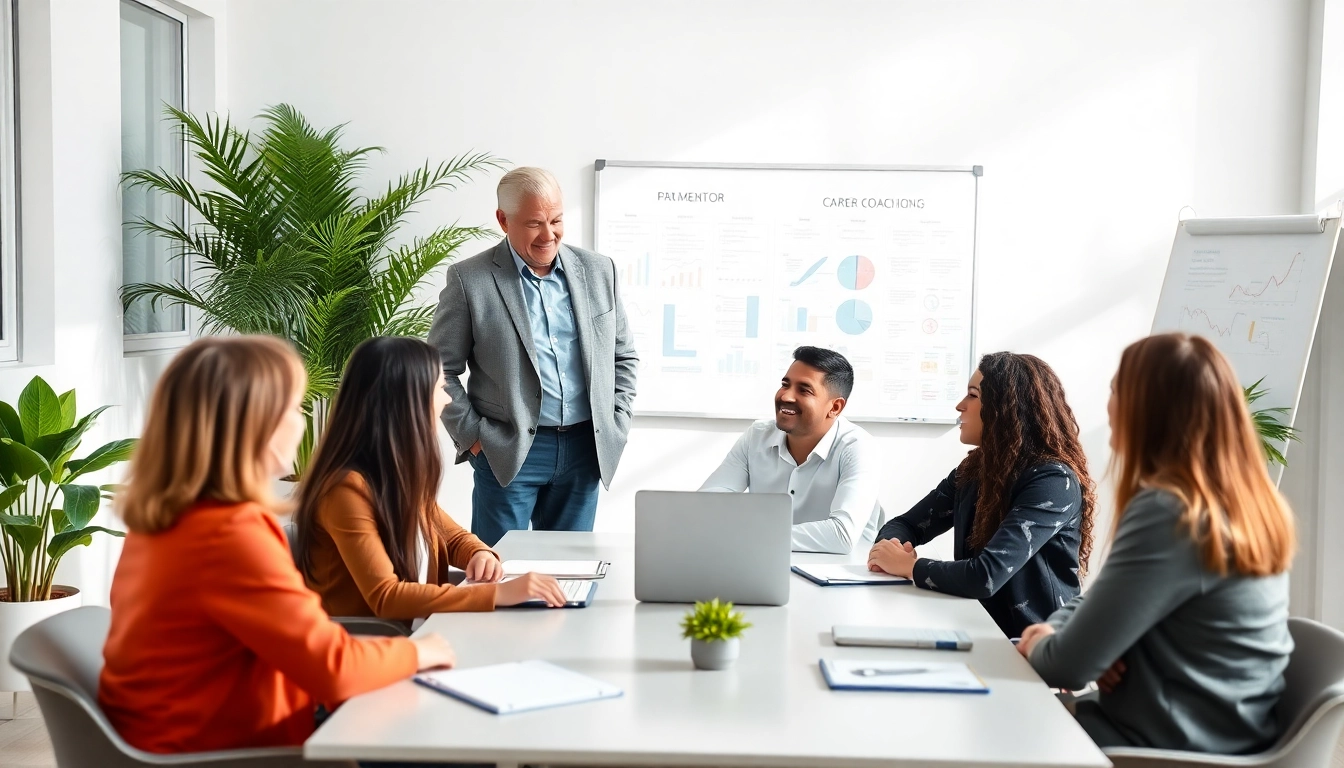Engaging career coaching session with mentor and diverse participants guiding personal and professional growth.