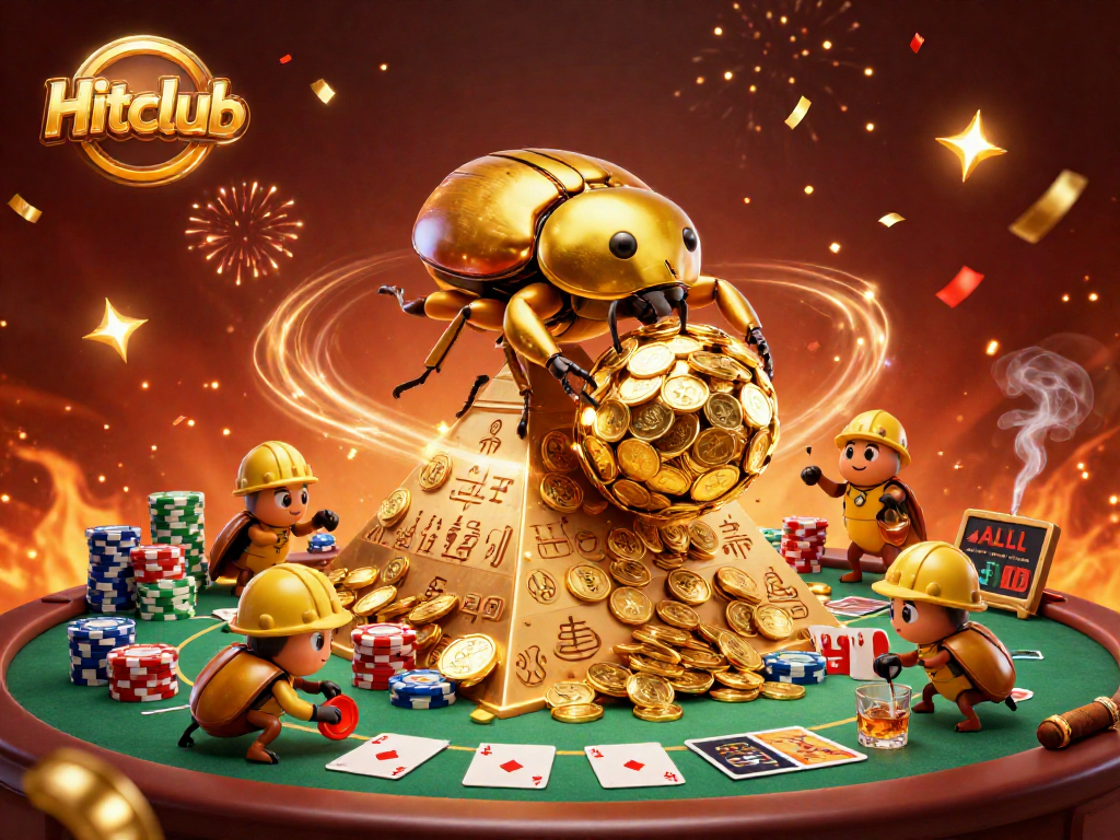 Hitclub showcases an exciting scene of cartoon beetles at a vibrant casino, rolling coins and cards.