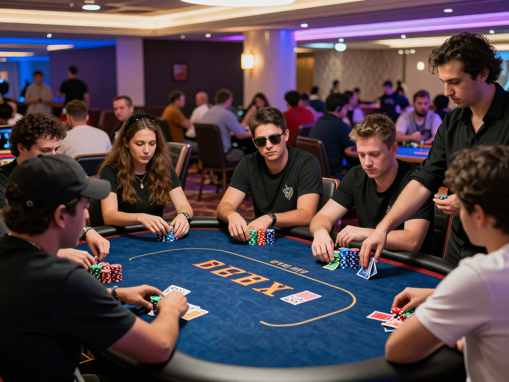 High-stakes Poker88 game scene with diverse players at a bustling casino table.
