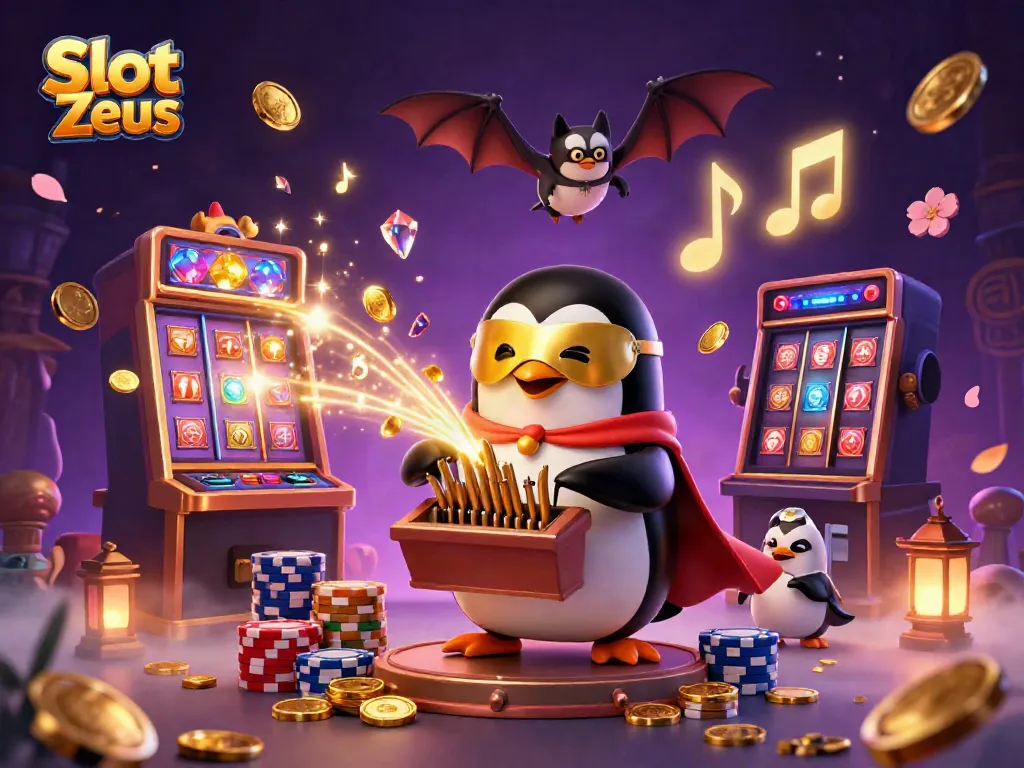 Experience the thrill of Slot Zeus with golden coin showers and vibrant casino elements.