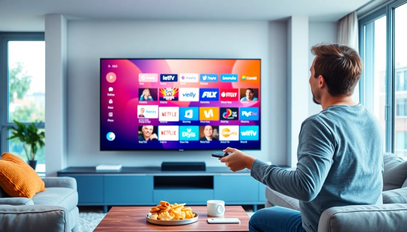 Engaging scene of a user enjoying free trial iptv in a cozy living room setting.