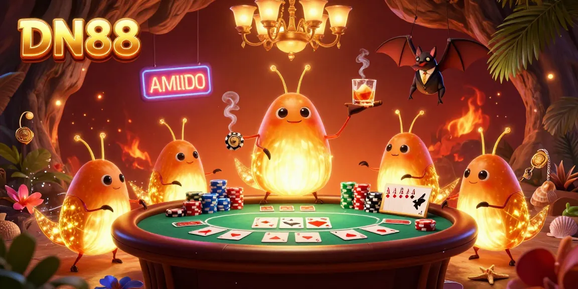 Experience the vibrant DN88 casino atmosphere with glowing characters and dynamic poker action.