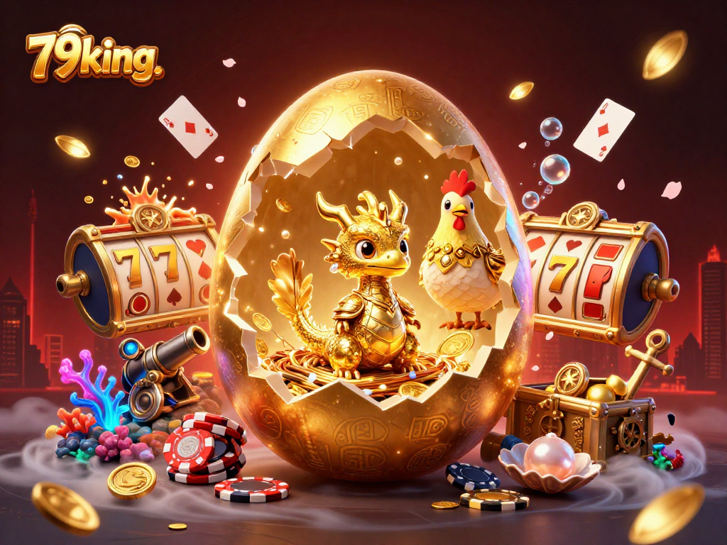 Win big with 79king. as a golden dragon guarding poker chips amidst thrilling casino elements.