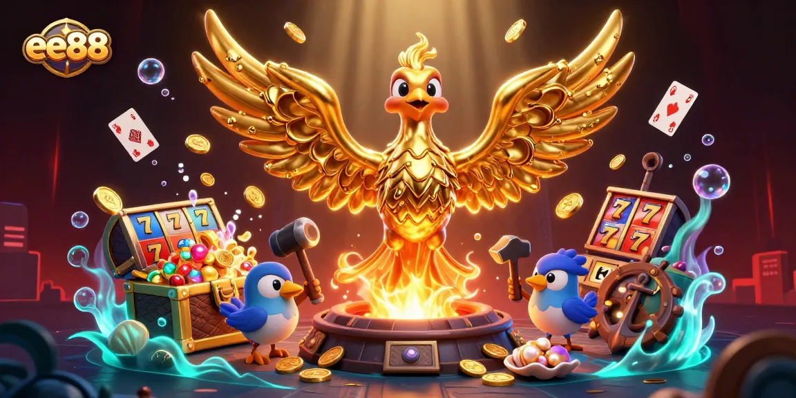 Engage with ee88's vibrant gaming scene, featuring a molten phoenix and slot elements.