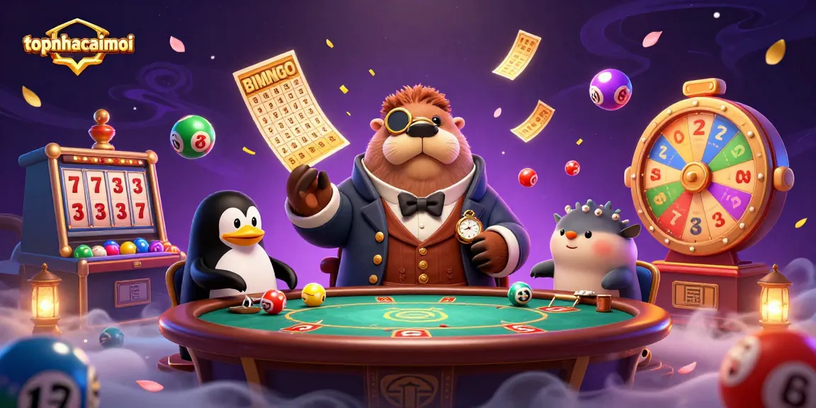 Topnhacaimoi showcases an underwater poker game with a walrus, penguin dealer, and bluffing pufferfish, surrounded by lottery elements.