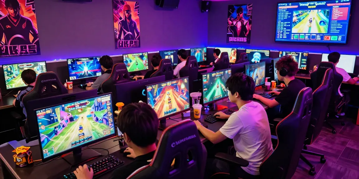 Diverse gamers engaged in we88 PGSLOT gameplay within an electrifying gaming lounge.