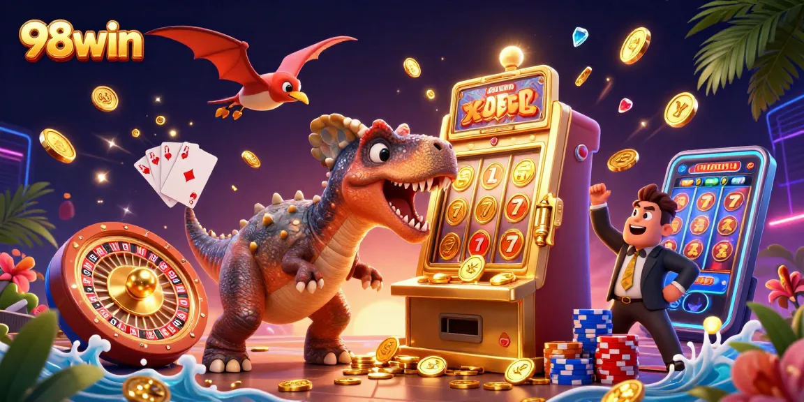Experience the thrill of 98win as a dinosaur hits a slot machine, coins flying everywhere in a vibrant casino!