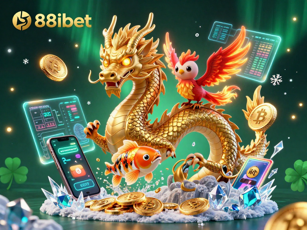 Experience the thrill of 88ibet with a dynamic 3D cartoon scene showcasing a golden dragon, phoenix, and koi fish amidst crypto elements.