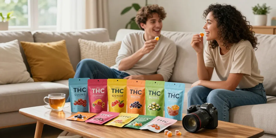 THC gummy brands reviewed showcased by friends enjoying a cozy snack time together.